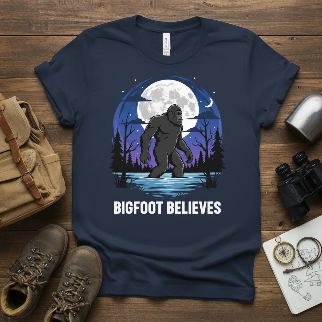 Bigfoot Believes quote and graphic of Bigfoot in water under a moonlit sky on a navy t-shirt
