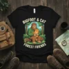 BIGFOOT & CAT FOREST FRIENDS text design with Bigfoot hugging a cat in a forest setting