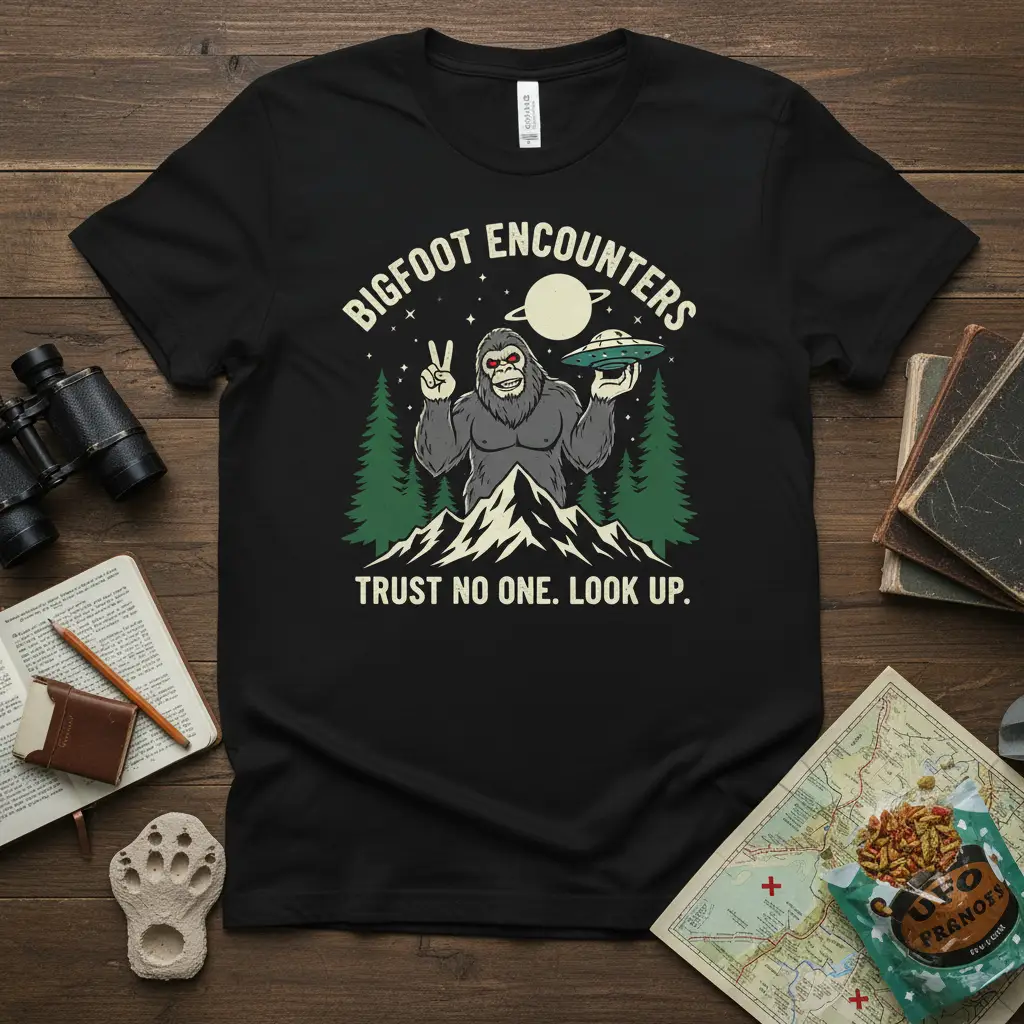 BIGFOOT ENCOUNTERS TRUST NO quote printed with creative illustration on quality cotton blend t-shirt design