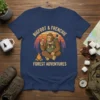 Bigfoot and French Bulldog camping together with text "BIGFOOT & FRENCHIE FOREST ADVENTURES" in retro sunset design