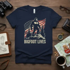 Bigfoot Lives T-Shirt with Bigfoot silhouette, American flag, and pine trees. Cryptid graphic tee