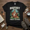 Bigfoot playing banjo in forest design with text BIGFOOT music FOREST SESSIONS on a black t-shirt
