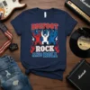 Bigfoot Rock And Roll t-shirt design featuring three Bigfoot figures in red, white, and blue, with flames and lightning bolts