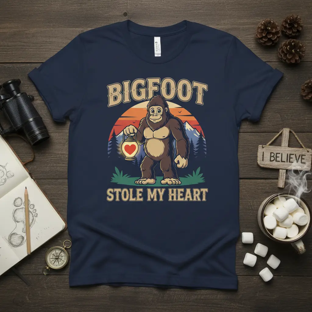 Cartoon Bigfoot holding a heart lantern with BIGFOOT STOLE MY HEART text on a navy t-shirt