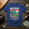 Bigfoot riding a bicycle with a squirrel in the basket, text says BIGFOOT SURF ADVENTURES, vibrant sunset background