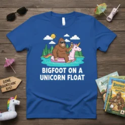 Cartoon of Bigfoot on a unicorn float, enjoying a drink on the water