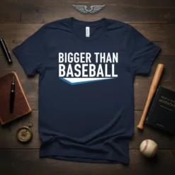Navy blue t-shirt with white bold text "BIGGER THAN BASEBALL" and a blue and white graphic element below