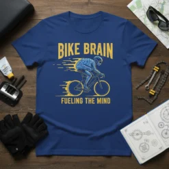 BIKE BRAIN FUELING THE MIND text on a blue t-shirt with a graphic of a cyclist's head replaced by a