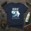 BIKE IOWA t-shirt design featuring a cyclist on a winding road within the Iowa state outline, white text on navy