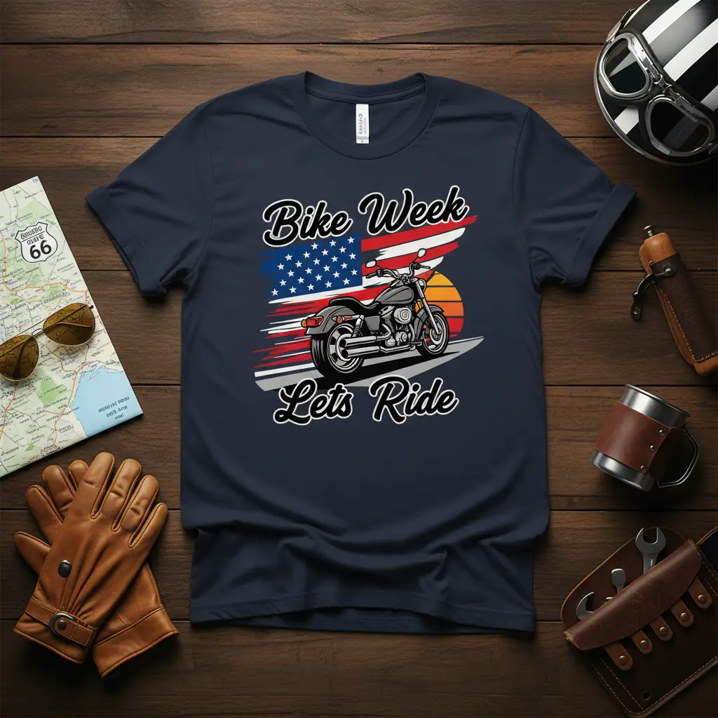 Bike Week Lets Ride text and graphic featuring a motorcycle with American flag backdrop for riders