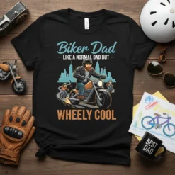 Biker Dad LIKE A NORMAL DAD BUT WHEELY COOL text and graphic of a dad on a motorcycle with kids