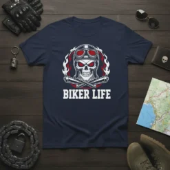 Biker Life t-shirt design with a skull wearing a helmet and goggles, crossed exhaust pipes, and flame accents