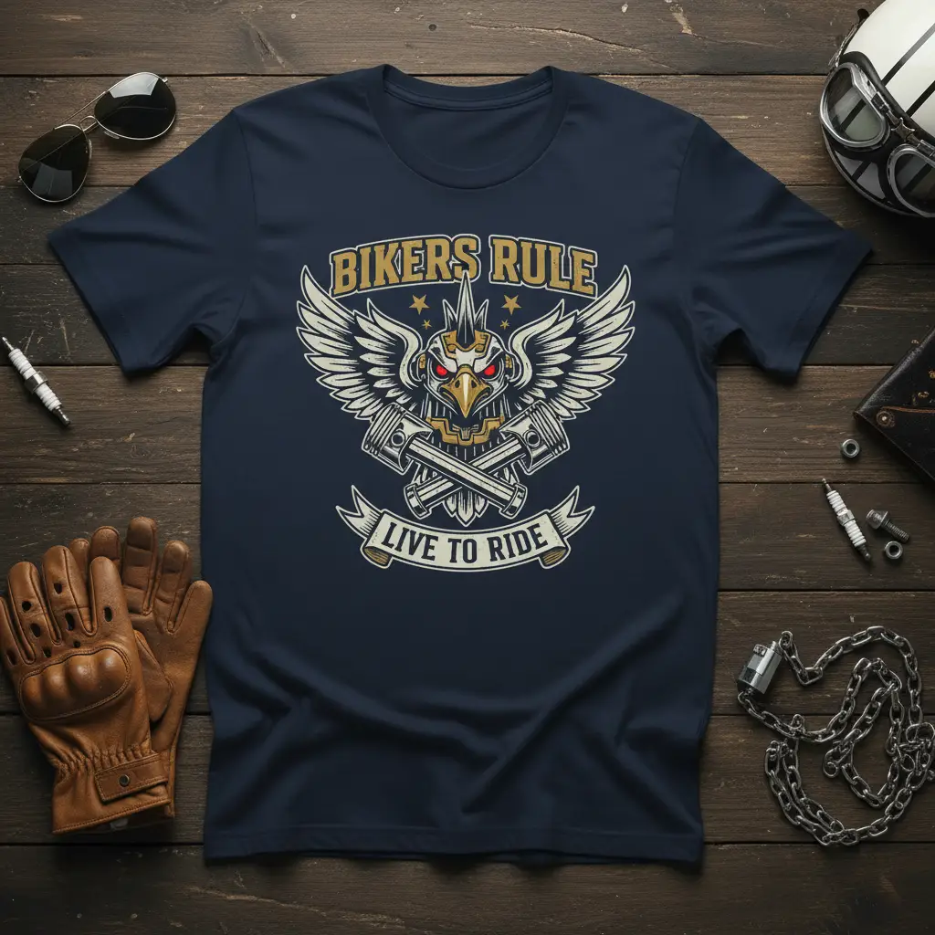 Bikers Rule Live To Ride motorcycle t-shirt design with eagle and pistons graphic
