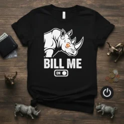 Black t-shirt with "BILL ME ON" text and a white rhino graphic with orange eyes