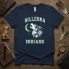 Billerra Indians t-shirt with a howling wolf head, crescent moon, and feathers graphic, featuring white and green text