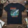 Bimini Shark Diving t-shirt design featuring a shark swimming with schools of fish and coral reef