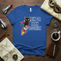 Bin Da Kann Losgehen German saying on a t-shirt with a black cat riding a rocket, white outline text