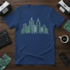 Binary Code Cityscape T-Shirt with a minimalist skyline design incorporating binary code elements in the windows
