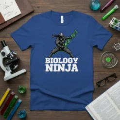 Biology Ninja T-Shirt with a graphic of a ninja holding a DNA strand and the text "Biology Ninja"