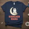 Birchen Mama t-shirt design featuring a fluffy white and grey cat sitting on a crescent moon with stars