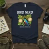 Bird Nerd Birdus Nerdus design with binoculars and a colorful bird on a navy t-shirt