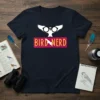 Bird Nerd T-Shirt design featuring a white bird wearing glasses above the text "BIRD NERD" in yellow and pink