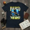 Bird Nerd T-Shirt design featuring a raven with a telescope and lightning, text 'BIRD NERD' in yellow