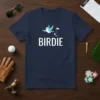 Birdie golf t-shirt design with a blue bird, golf ball, and flag on a navy shirt