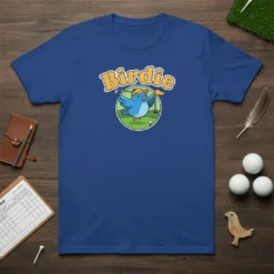 Birdie golf t-shirt with a cute cartoon blue bird swinging a golf club