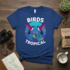Birds Tropical T-Shirt with two pink hummingbirds facing each other above tropical leaves, white text 'BIRDS TROPICAL'