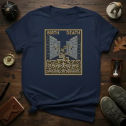BIRTH DEATH maze t-shirt design with stone walls and labyrinth path, symbolizing life's journey