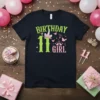 Birthday 11 Girl t-shirt design with green text, pink accents, a unicorn horn, butterflies, and a crown graphic