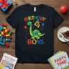 Birthday 4 Boy t-shirt design with a green dinosaur made of building blocks and colorful text