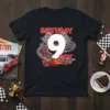 Birthday 9 Boy t-shirt design with a race track, checkered flags, and race cars, perfect for a 9th birthday celebration