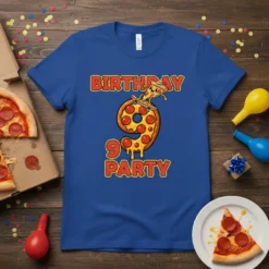 Birthday 9 Party t-shirt with a cartoon pizza slice skateboarding on the number 9, designed for a 9th birthday celebration