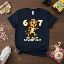 Birthday Adventure Cheetah T-Shirt with numbers 6 and 7, featuring a cartoon cheetah in a hat and bandana