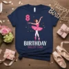 Birthday Ballet Star text with a pink 8 balloon and a ballerina in a tutu on a navy t-shirt