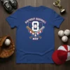 Blue t-shirt featuring "Birthday Baseball MVP 8" text with crossed baseball bats and a baseball graphic