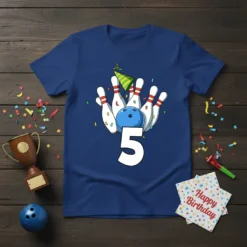 Birthday Bowling 5 Year Old T-Shirt with bowling ball, pins, and party hat, celebrating a 5th birthday