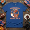 Birthday Boy 10 Double Digits T-Shirt with a football rocket design in orange and white on a blue shirt