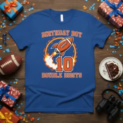 Birthday Boy 10 Double Digits T-Shirt with a football rocket design in orange and white on a blue shirt