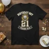 Birthday Boy 21 Years Old T-Shirt with a roaring lion graphic and party hat, celebrating a 21st birthday