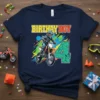 Navy blue t-shirt with "BIRTHDAY BOY 4" text and a boy riding a dirt bike, celebrating a 4th birthday