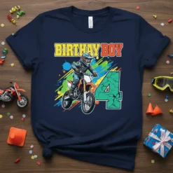 Navy blue t-shirt with "BIRTHDAY BOY 4" text and a boy riding a dirt bike, celebrating a 4th birthday