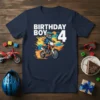 Birthday Boy 4 text with a child motocross rider graphic, featuring bold white lettering and vibrant orange and blue design