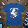 Birthday Boy 4 t-shirt with a cute astronaut riding a rocket ship, celebrating a 4th birthday with a space theme