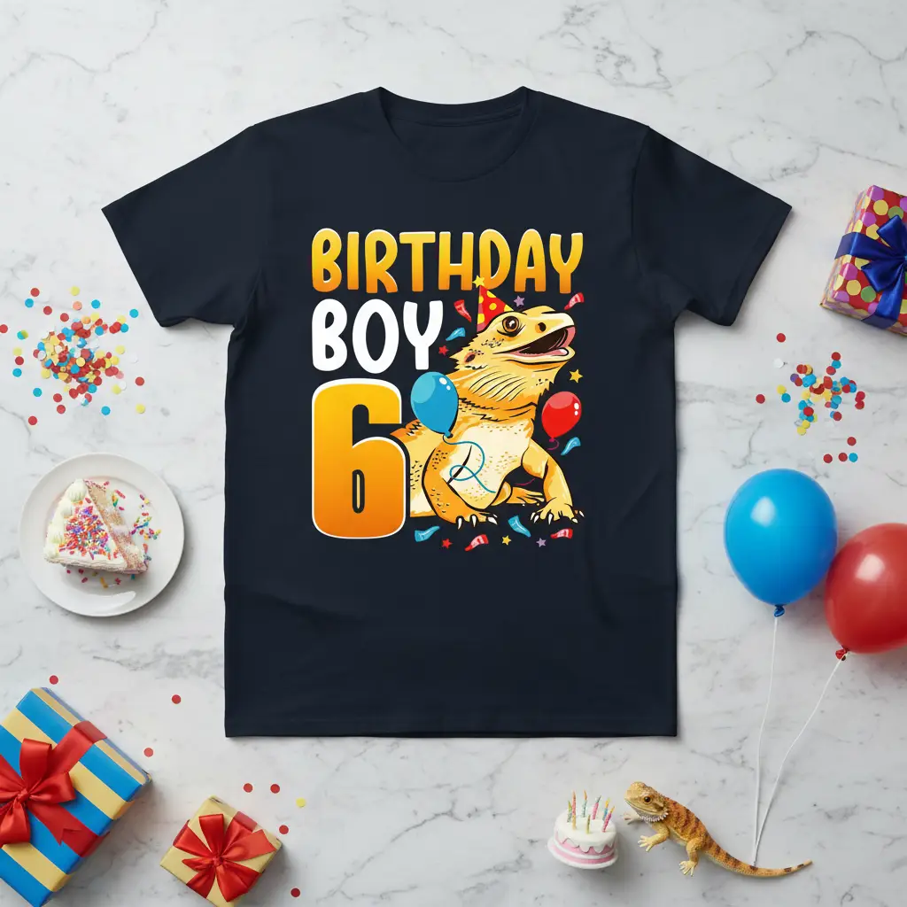 Birthday Boy 6 t-shirt design featuring a happy bearded dragon, balloons, and festive text for a 6th birthday celebration