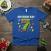 Birthday Boy 7 t-shirt with pixel art number 7, stars, hearts, and lightning bolts, inspired by Minecraft