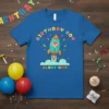 Birthday Boy Blast Off t-shirt with a cartoon fox in a rocket ship launching through clouds, surrounded by stars