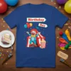 Birthday Boy t-shirt with a colorful circus clown riding a unicycle and holding balloons